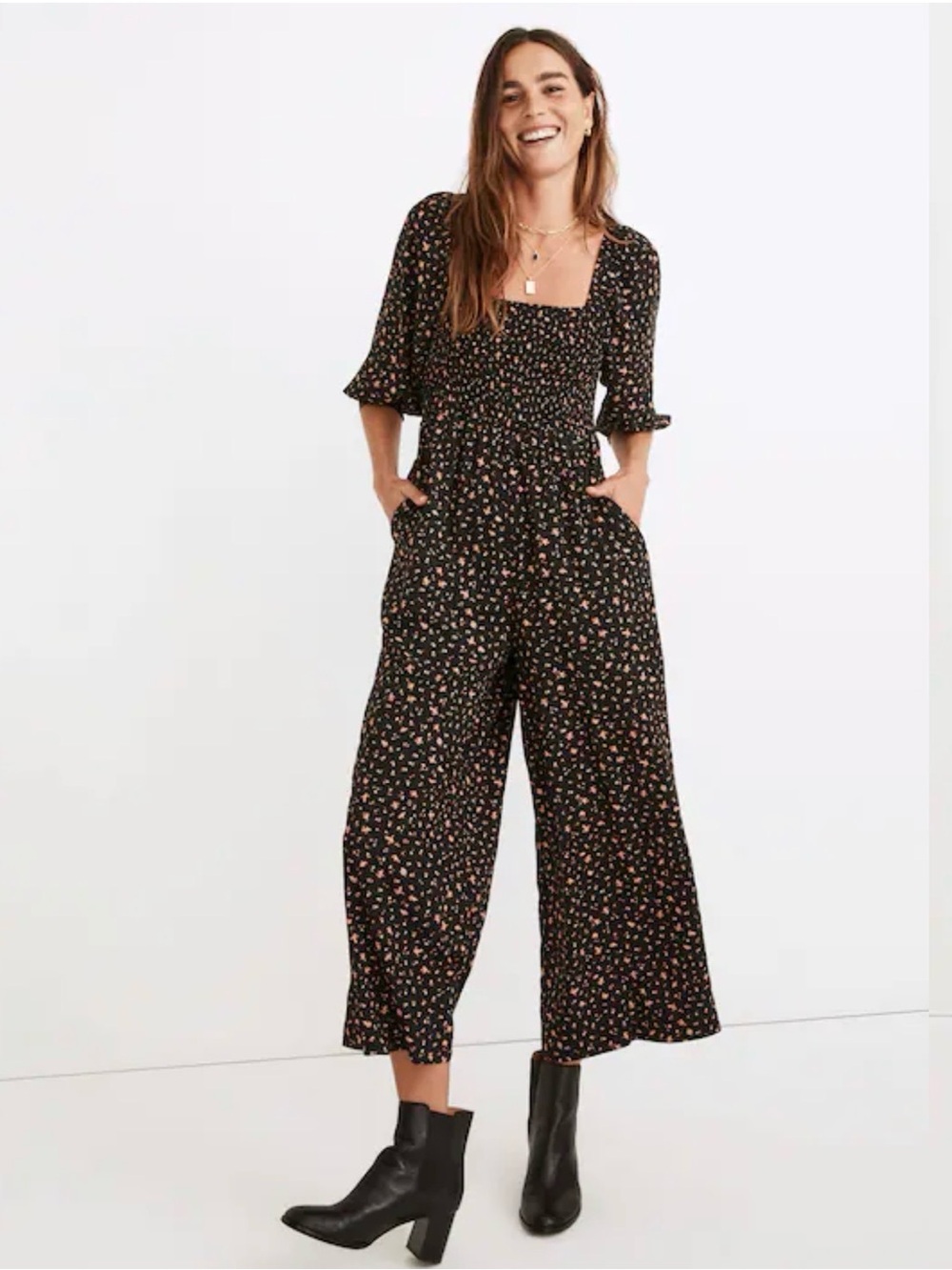 Lucie Elbow-Sleeve Smocked Wide-Leg Jumpsuit in Stem Scatter